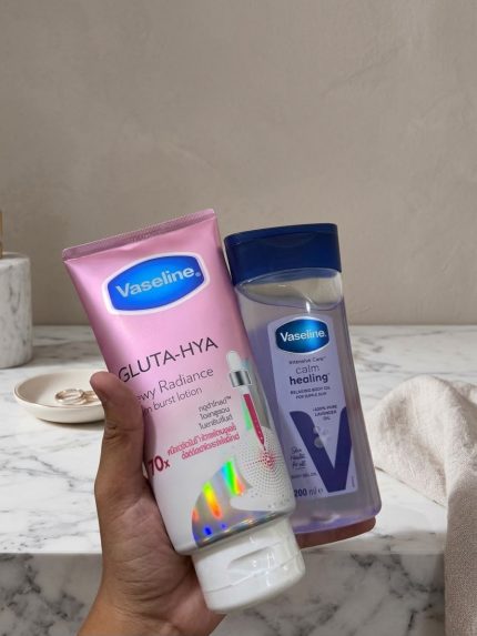 Vaseline body care duo for daily hydration, soft skin, and a dewy-looking glow. Includes Gluta-Hya Lotion and Calm Healing Body Oil